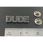 A handcrafted Dude Pin next to a ruler, available for sale at Creativeartisan.com - the image offers a sense of scale