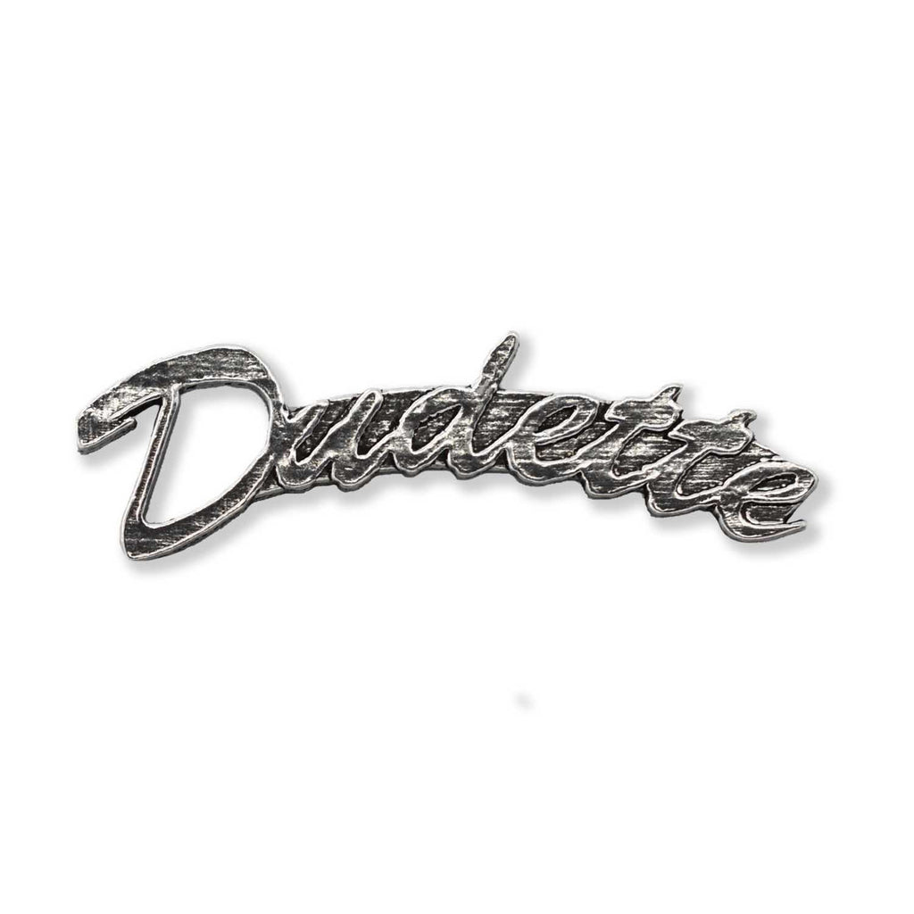 Detailed Antique Pewter Dudette Pin that can be worn on a hat, jacket, backpack, etc.