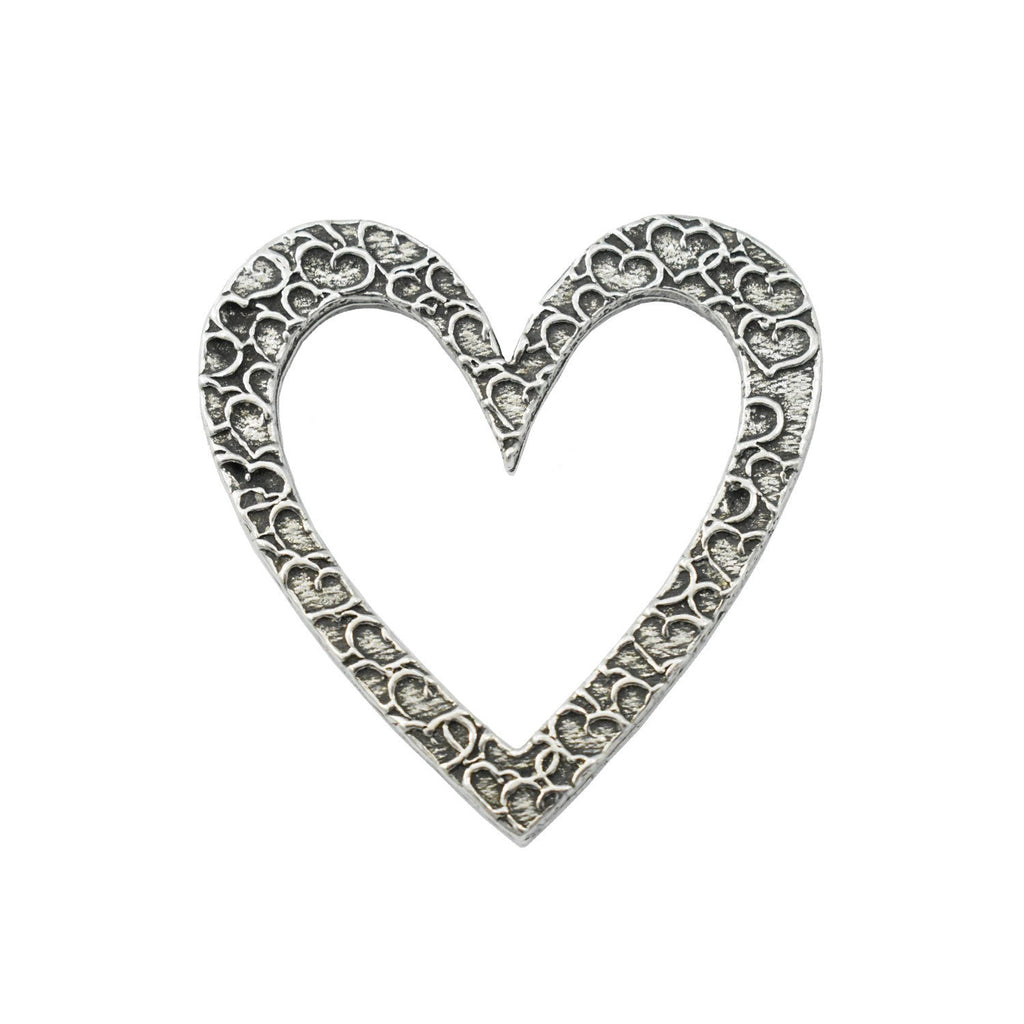 Detailed Antique Pewter Big Heart Pin that can be worn on a hat, jacket, backpack, etc.