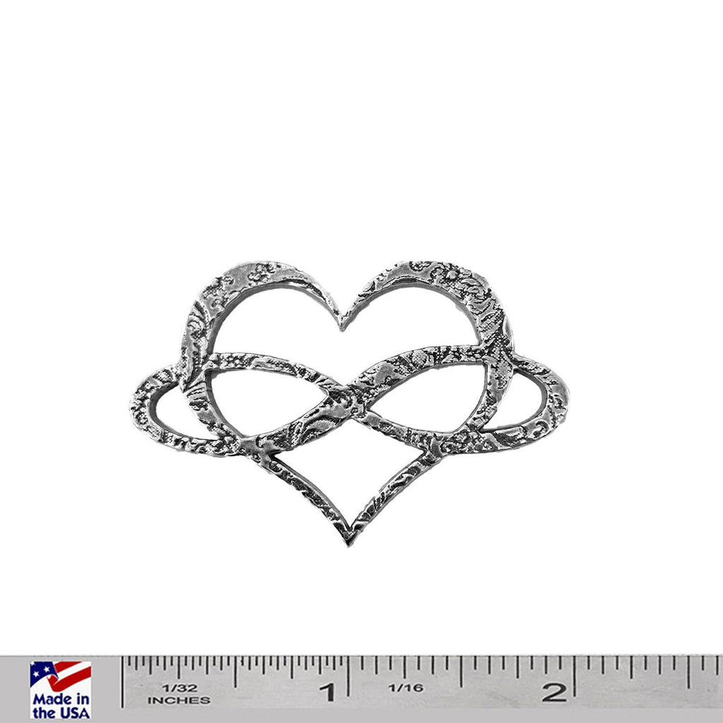 A handcrafted Infinity Heart Pin next to a ruler, available for sale at Creativeartisan.com - the image offers a sense of scale