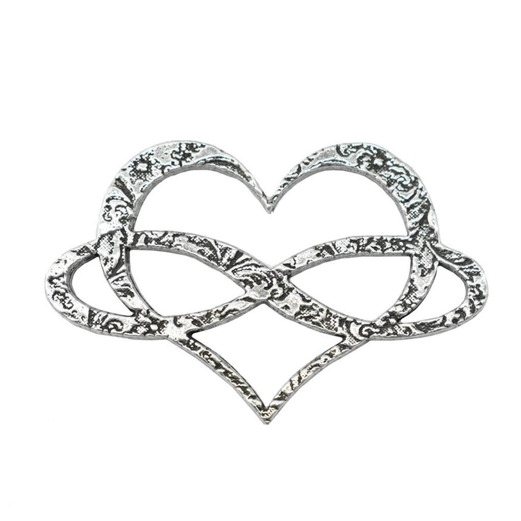 Detailed Antique Pewter Infinity Heart Pin that can be worn on a hat, jacket, backpack, etc.