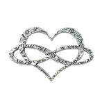 Detailed Antique Pewter Infinity Heart Pin that can be worn on a hat, jacket, backpack, etc.