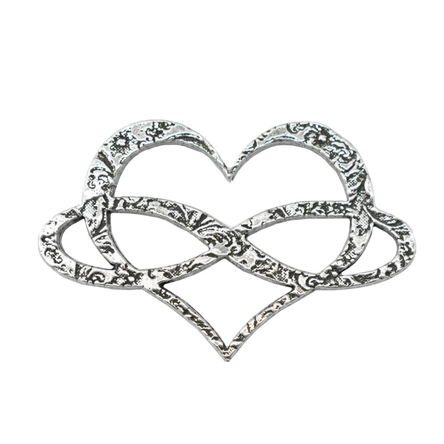 Detailed Antique Pewter Infinity Heart Pin that can be worn on a hat, jacket, backpack, etc.