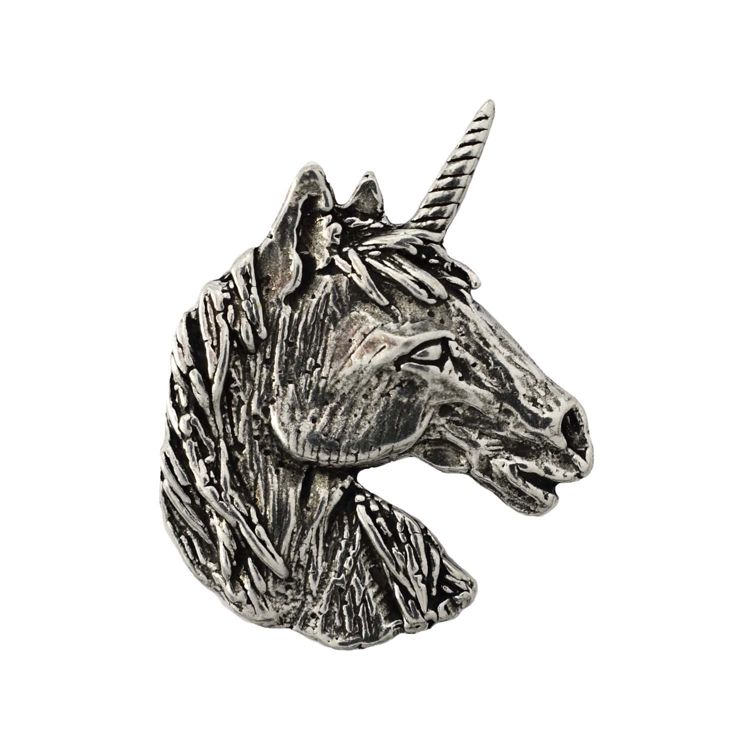 Detailed Antique Pewter Unicorn Head Pin that can be worn on a hat, jacket, backpack, etc.
