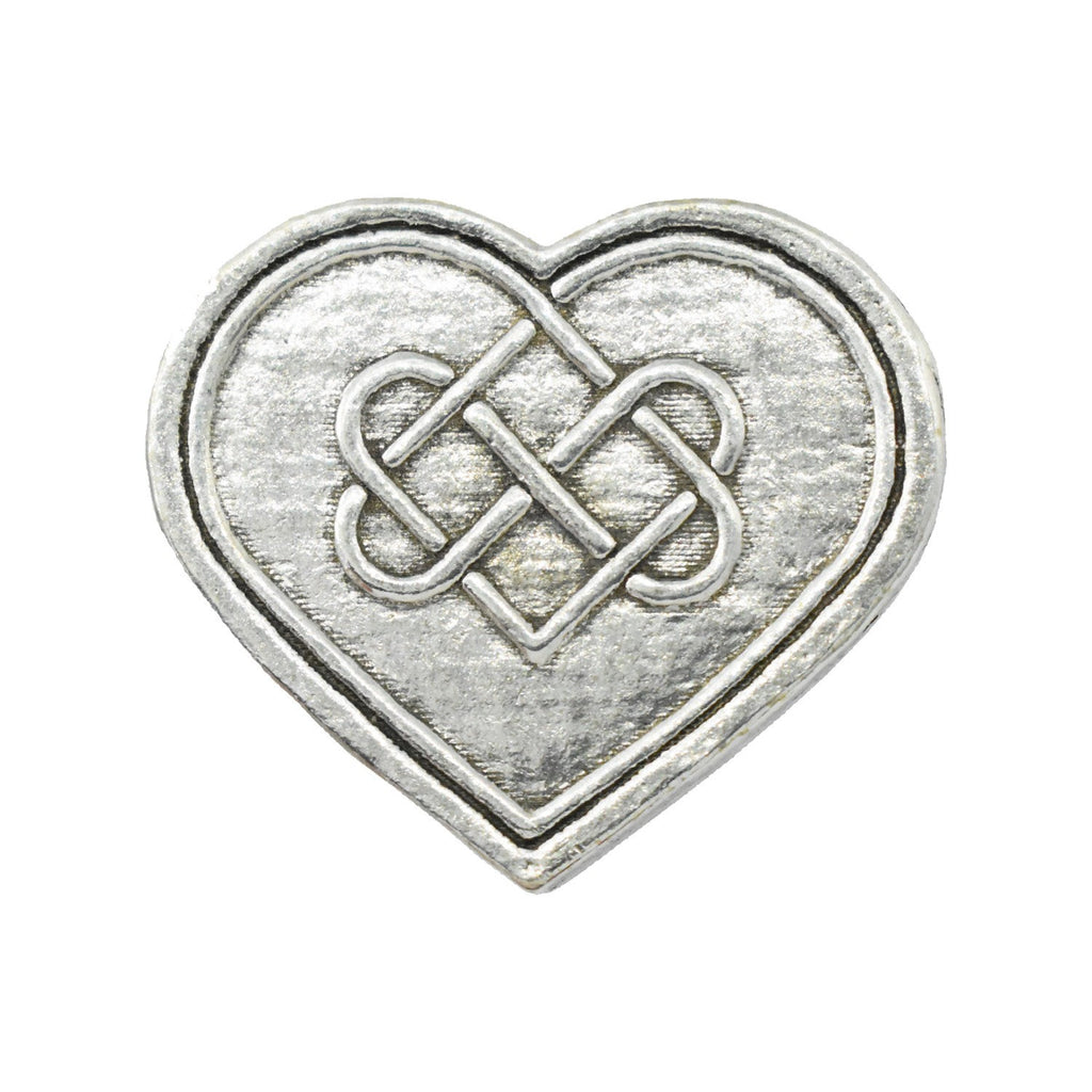 Detailed Antique Pewter Heart With Celtic Knot Pin that can be worn on a hat, jacket, backpack, etc.