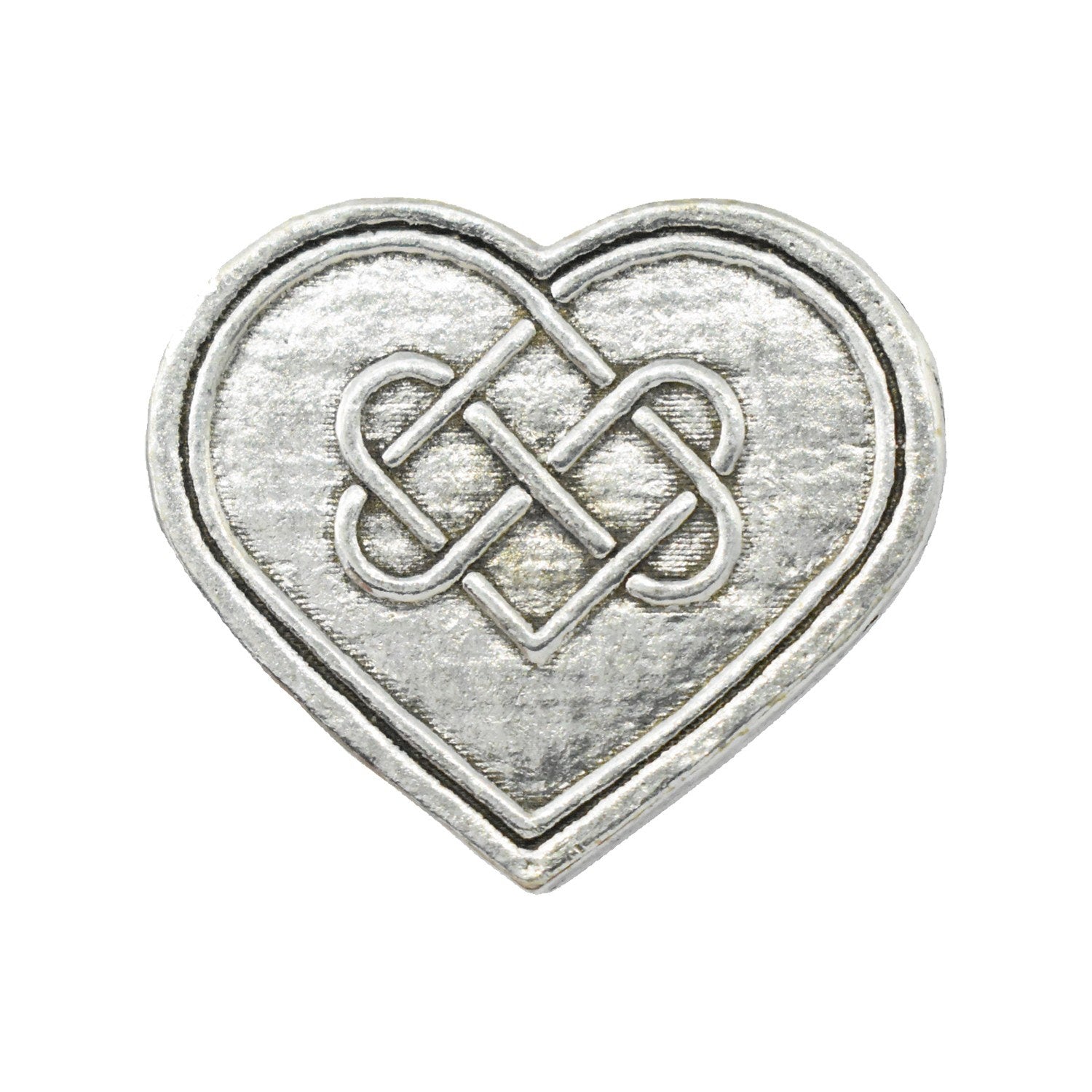 Detailed Antique Pewter Heart With Celtic Knot Pin that can be worn on a hat, jacket, backpack, etc.