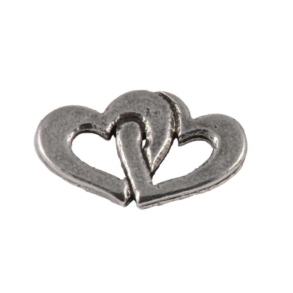 Detailed Antique Pewter Double Heart Pin that can be worn on a hat, jacket, backpack, etc.
