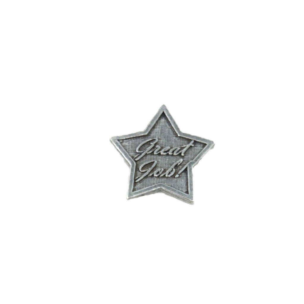 Detailed Antique Pewter Star Great Job Pin that can be worn on a hat, jacket, backpack, etc.