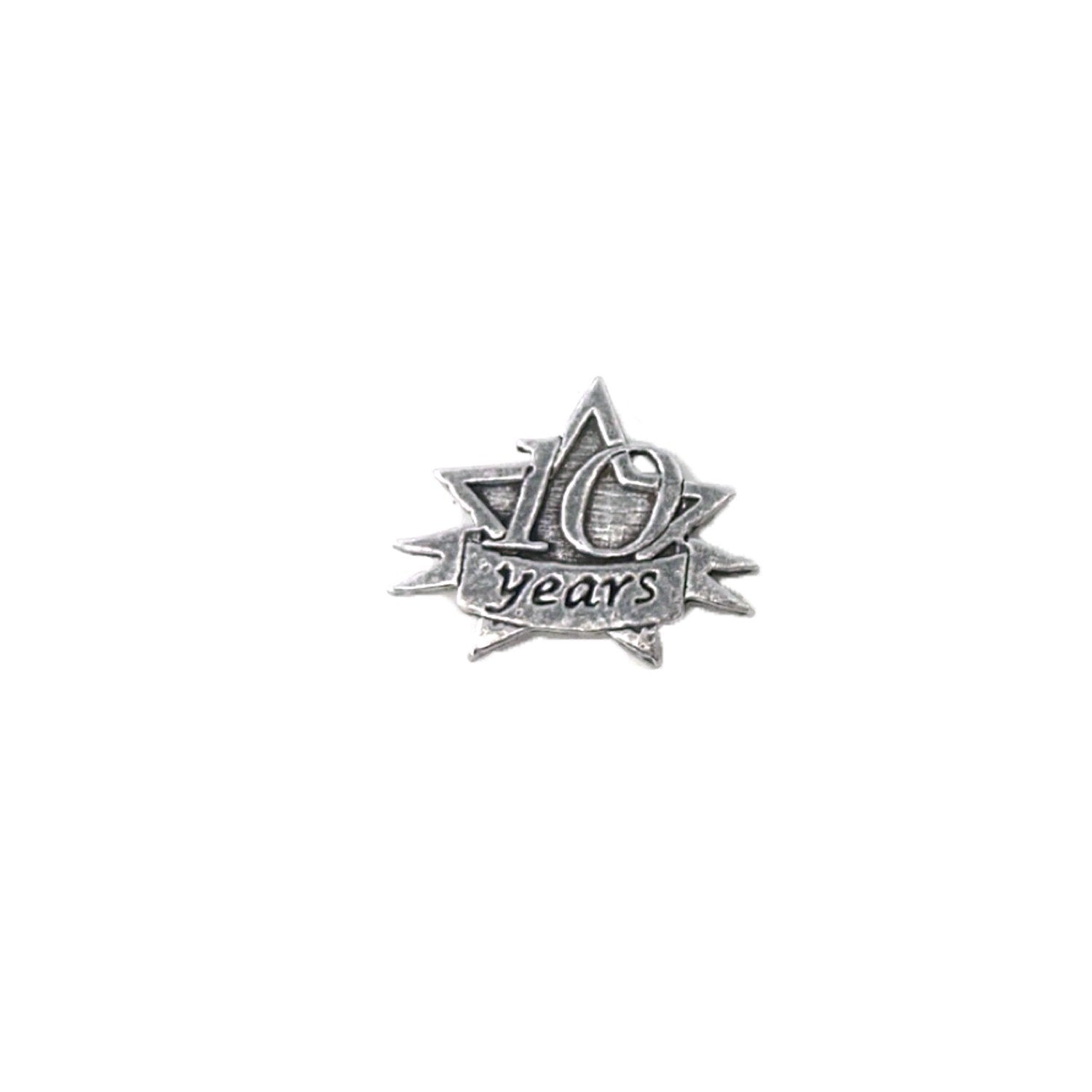 Detailed Antique Pewter 10 Year Star Pin that can be worn on a hat, jacket, backpack, etc.
