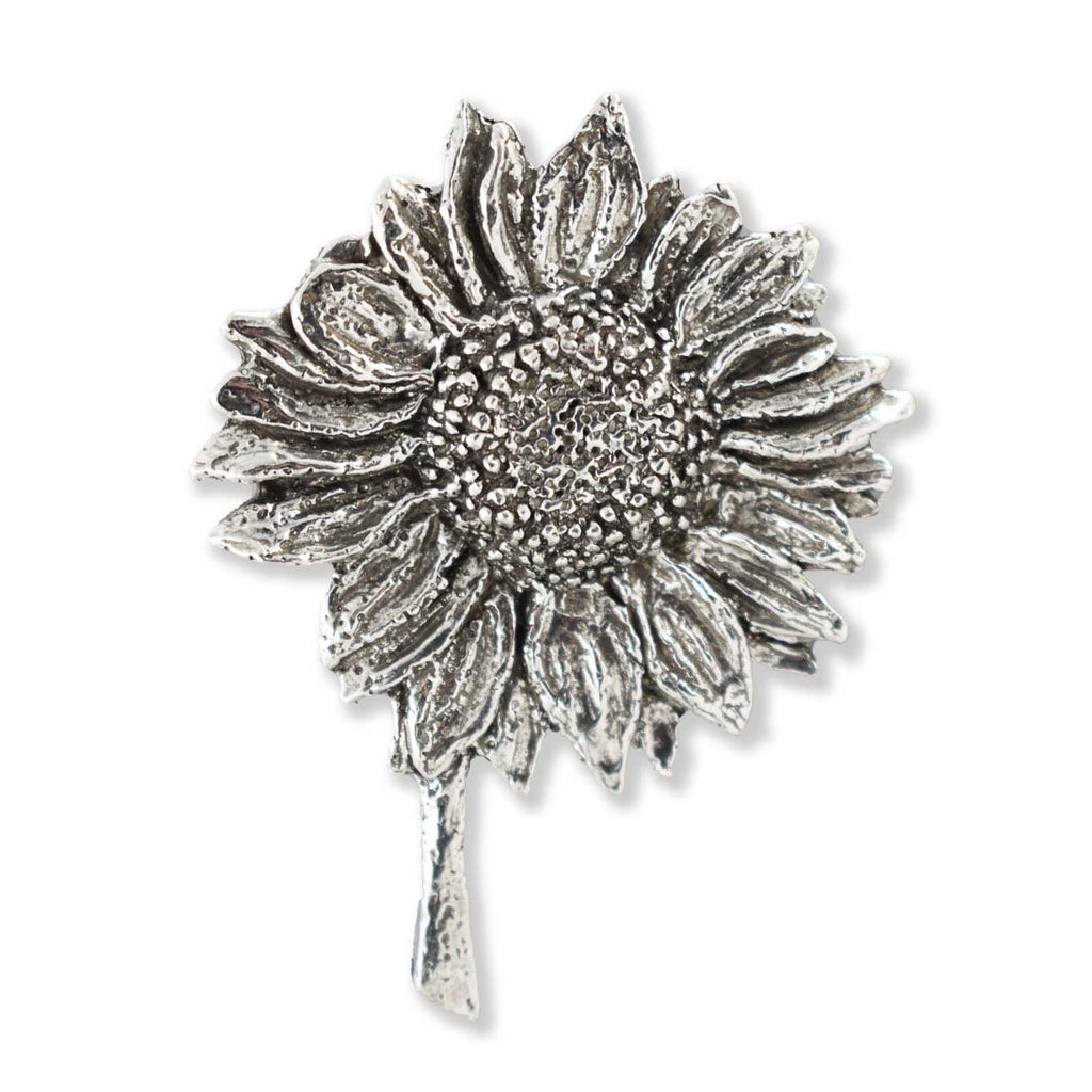 Detailed Antique Pewter Sunflower Pin that can be worn on a hat, jacket, backpack, etc.