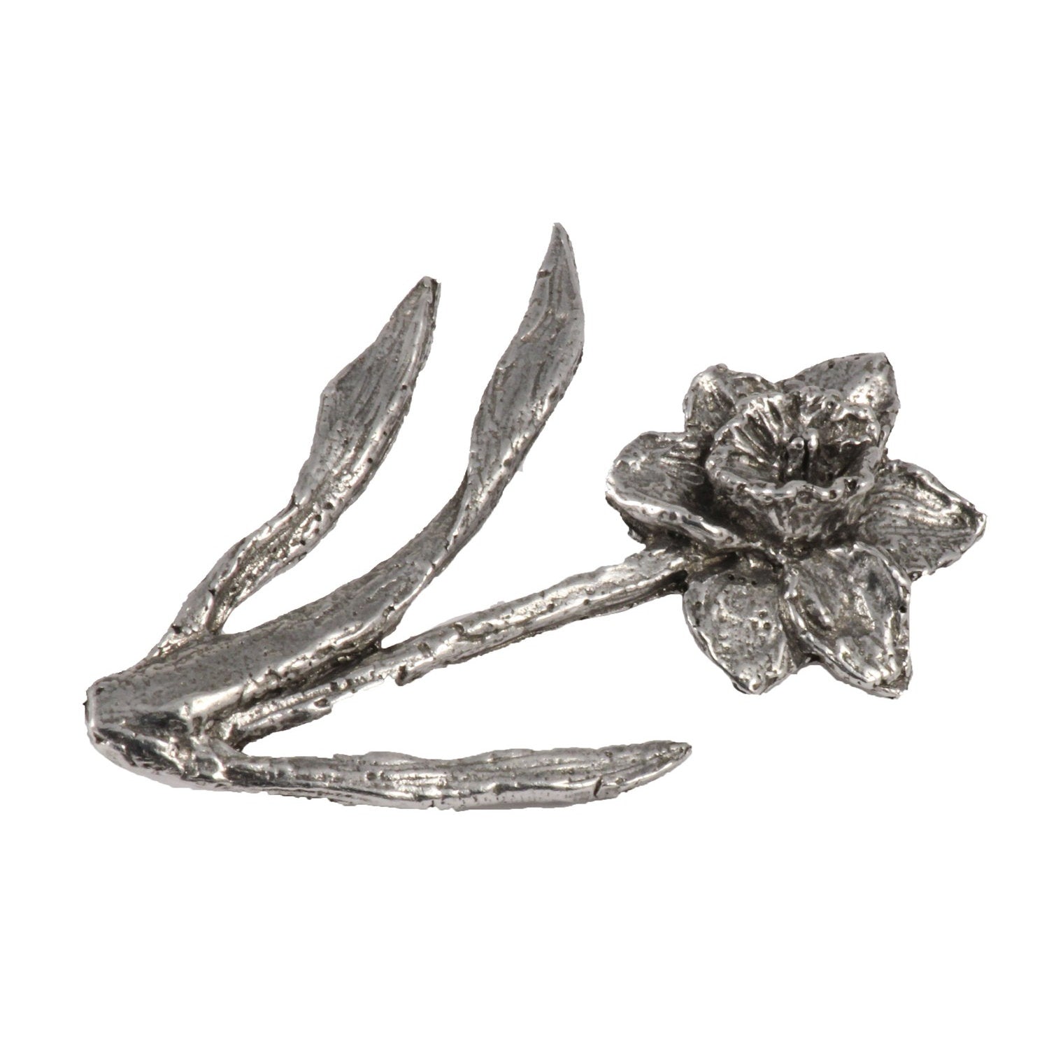 Detailed Antique Pewter Daffodil Pin that can be worn on a hat, jacket, backpack, etc.