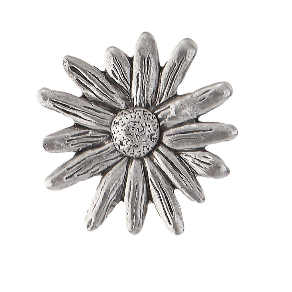Detailed Antique Pewter Daisy Pin that can be worn on a hat, jacket, backpack, etc.