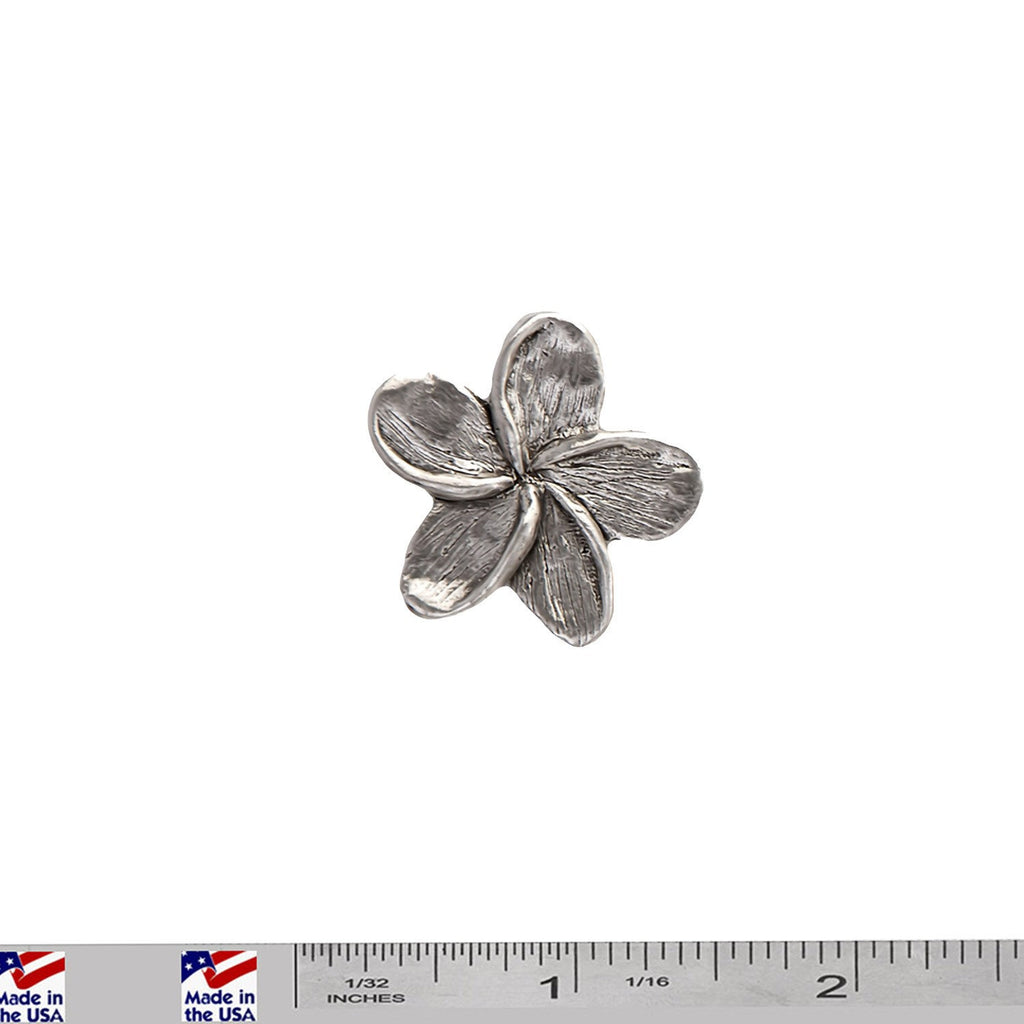 A handcrafted Frangipani Flower Pin next to a ruler, available for sale at Creativeartisan.com - the image offers a sense of scale