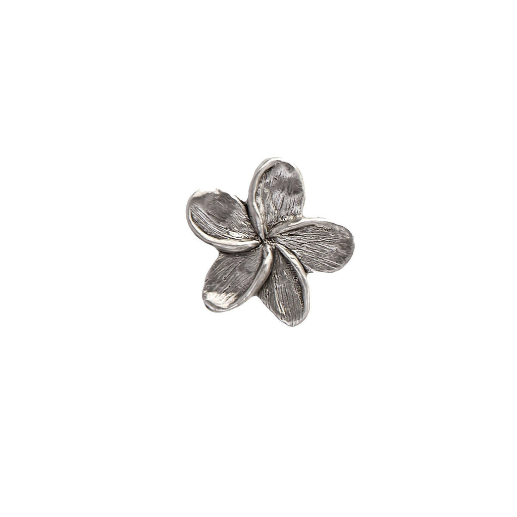 Detailed Antique Pewter Frangipani Flower Pin that can be worn on a hat, jacket, backpack, etc.