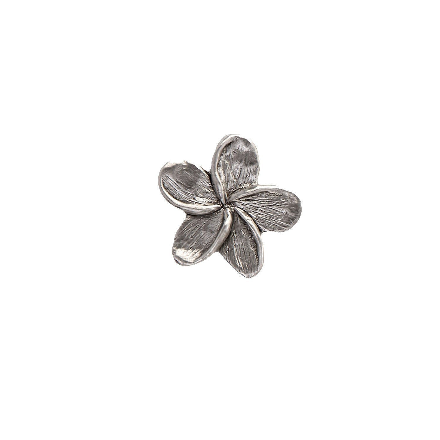 Detailed Antique Pewter Frangipani Flower Pin that can be worn on a hat, jacket, backpack, etc.