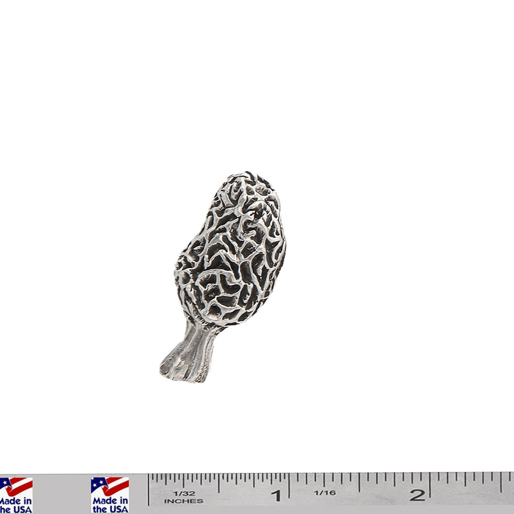 A handcrafted Morel Mushroom Pin next to a ruler, available for sale at Creativeartisan.com - the image offers a sense of scale
