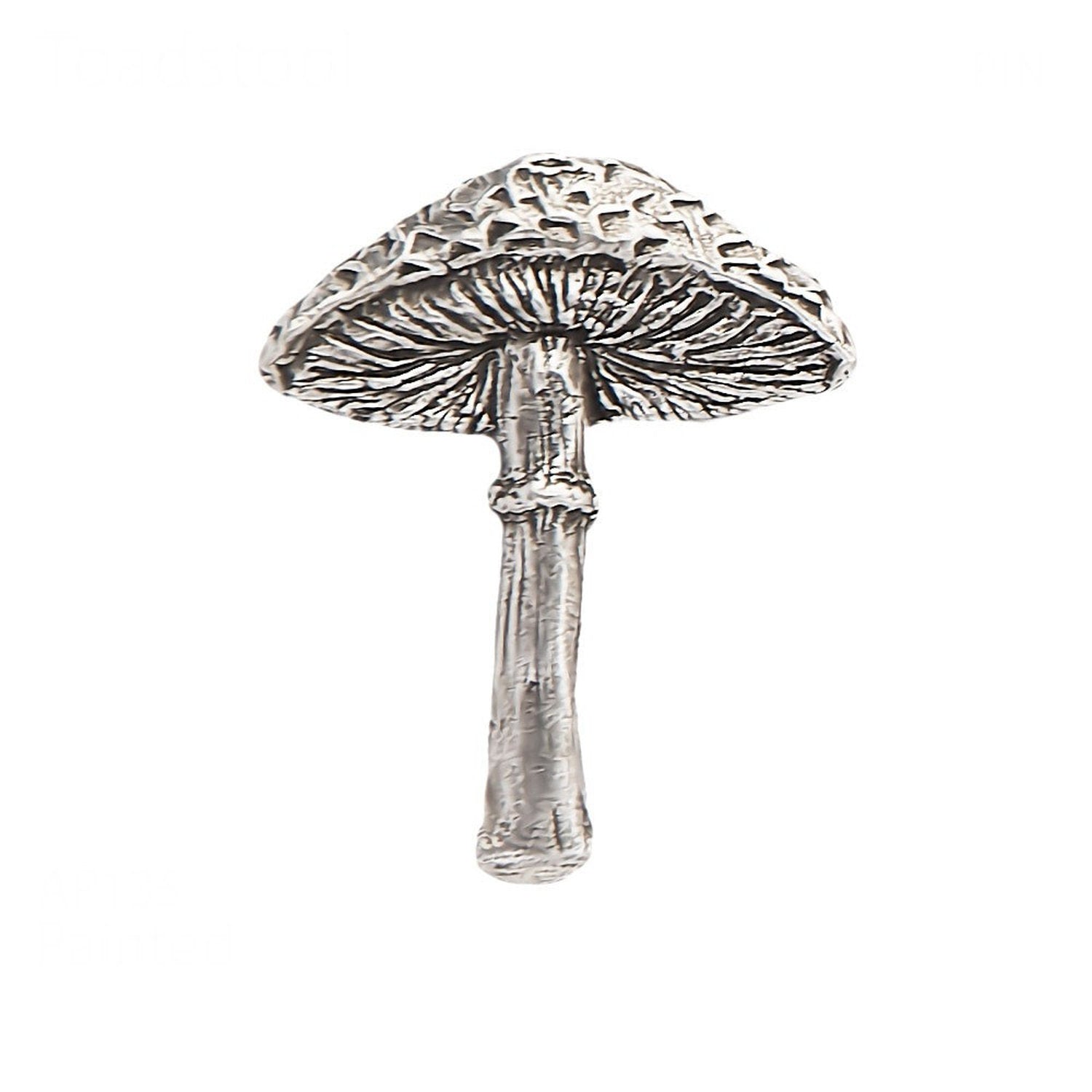 Detailed Antique Pewter Toad Stool Mushroom Pin that can be worn on a hat, jacket, backpack, etc.