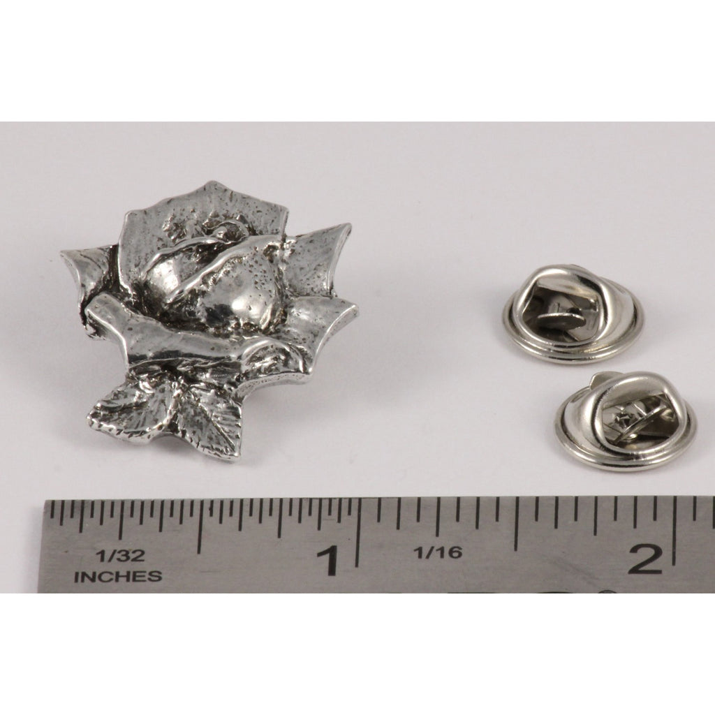 A handcrafted Rose Flower Pin next to a ruler, available for sale at Creativeartisan.com - the image offers a sense of scale