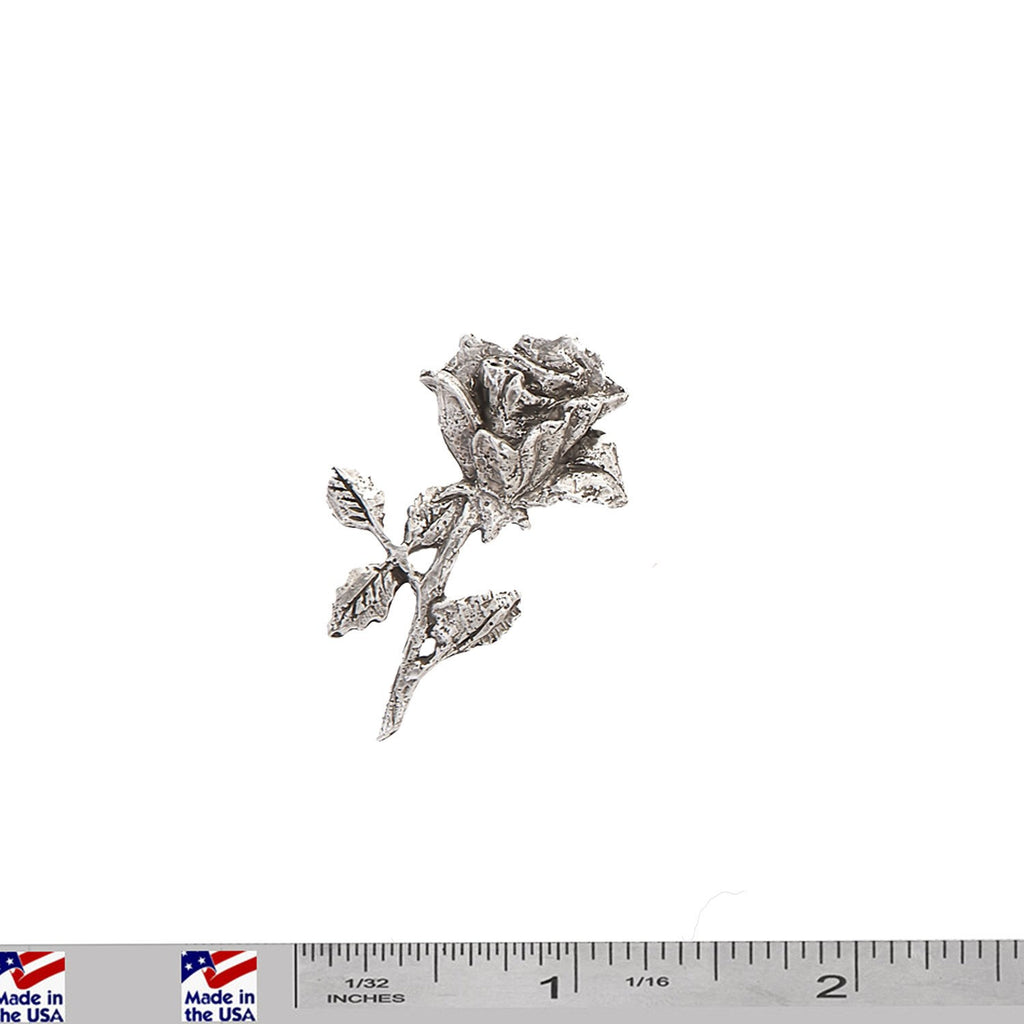 A handcrafted Rose With Stem Pin next to a ruler, available for sale at Creativeartisan.com - the image offers a sense of scale