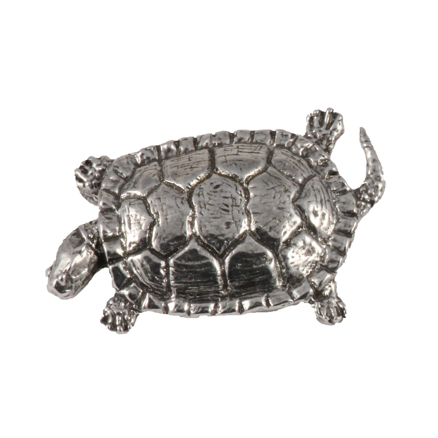 Detailed Antique Pewter Pond Turtle Pin that can be worn on a hat, jacket, backpack, etc.