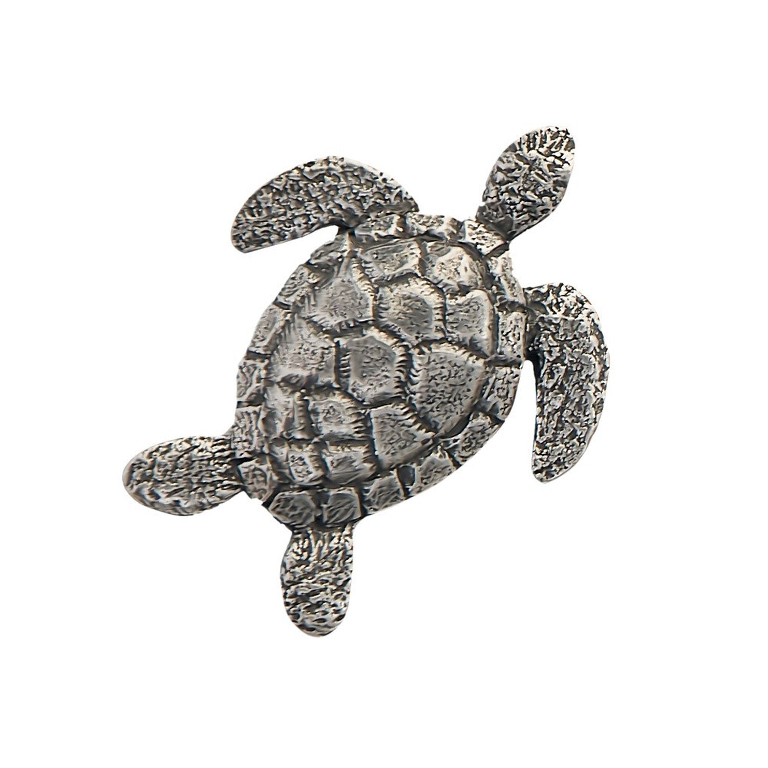 Detailed Antique Pewter Sea Turtle Top View Pin that can be worn on a hat, jacket, backpack, etc.