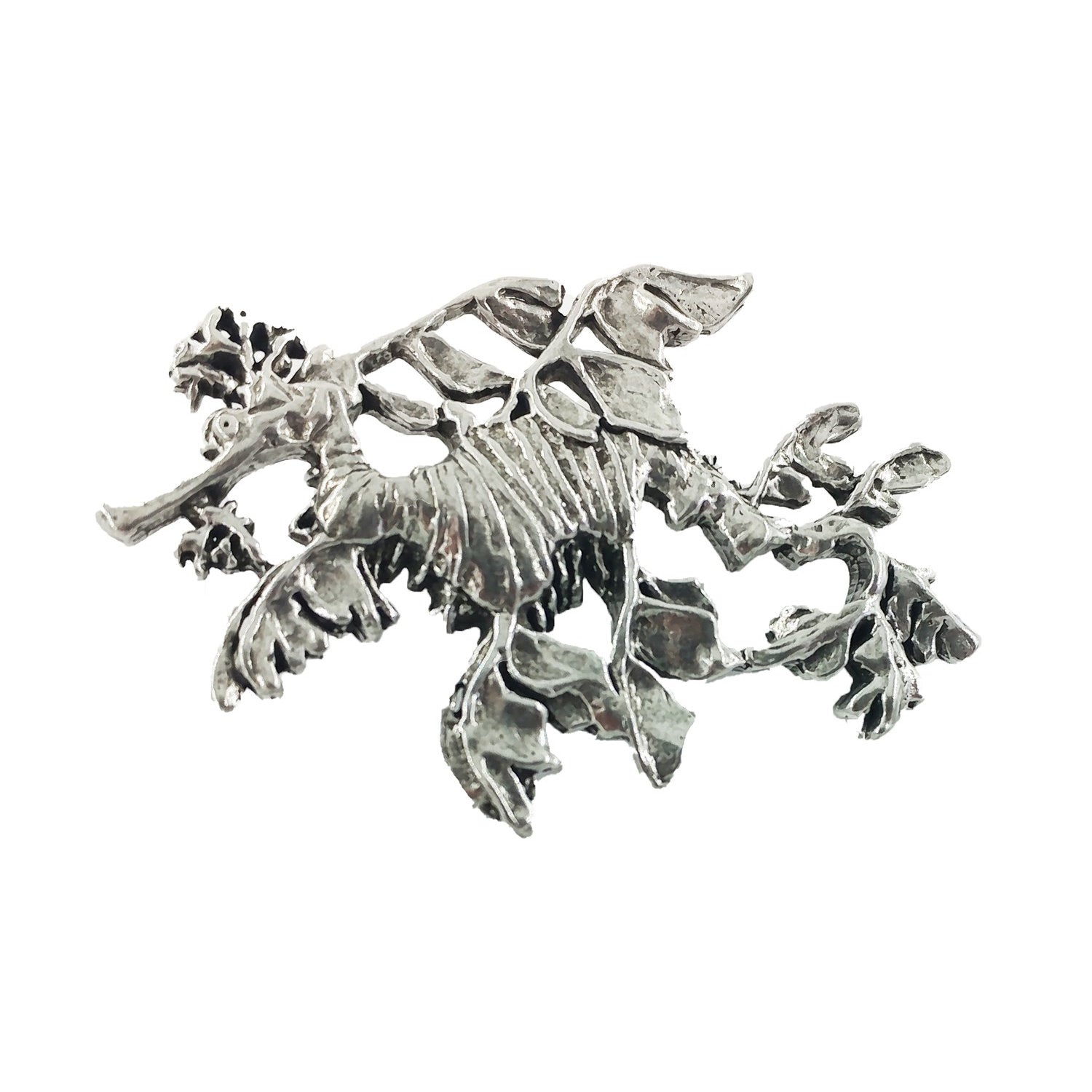 Detailed Antique Pewter Sea Dragon Leafy Pin that can be worn on a hat, jacket, backpack, etc.