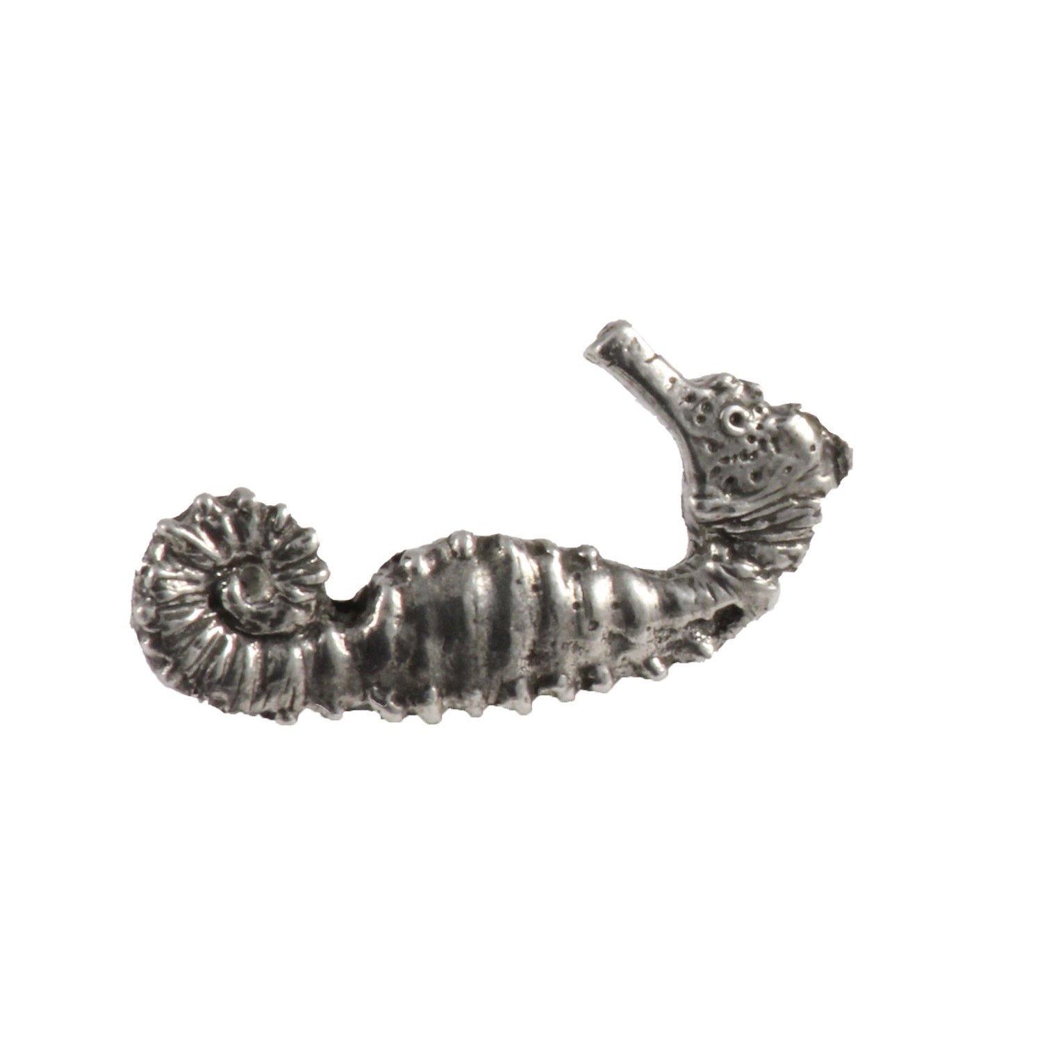Detailed Antique Pewter Seahorse Pin that can be worn on a hat, jacket, backpack, etc.