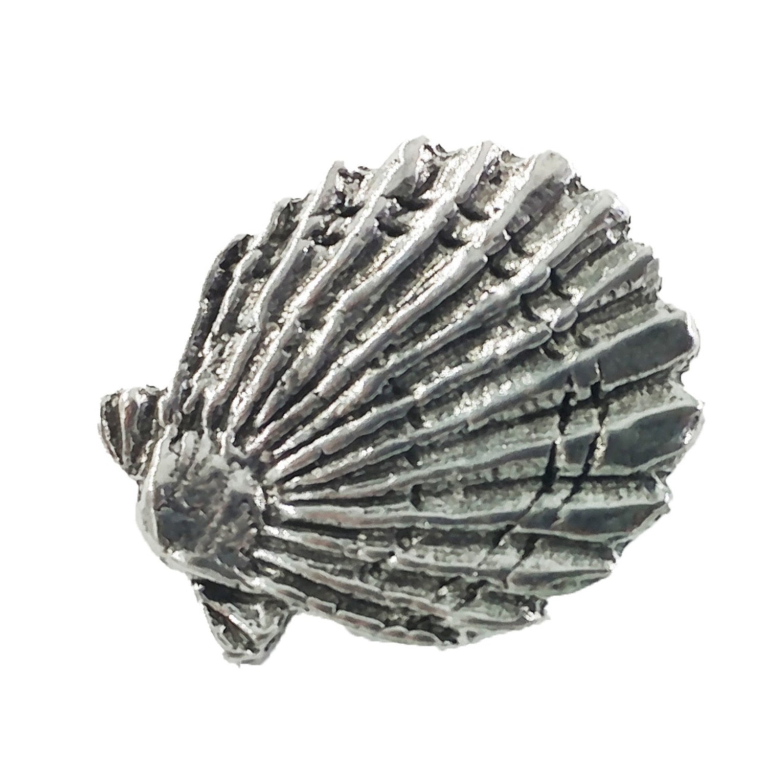 Detailed Antique Pewter Scallop Shell Pin that can be worn on a hat, jacket, backpack, etc.