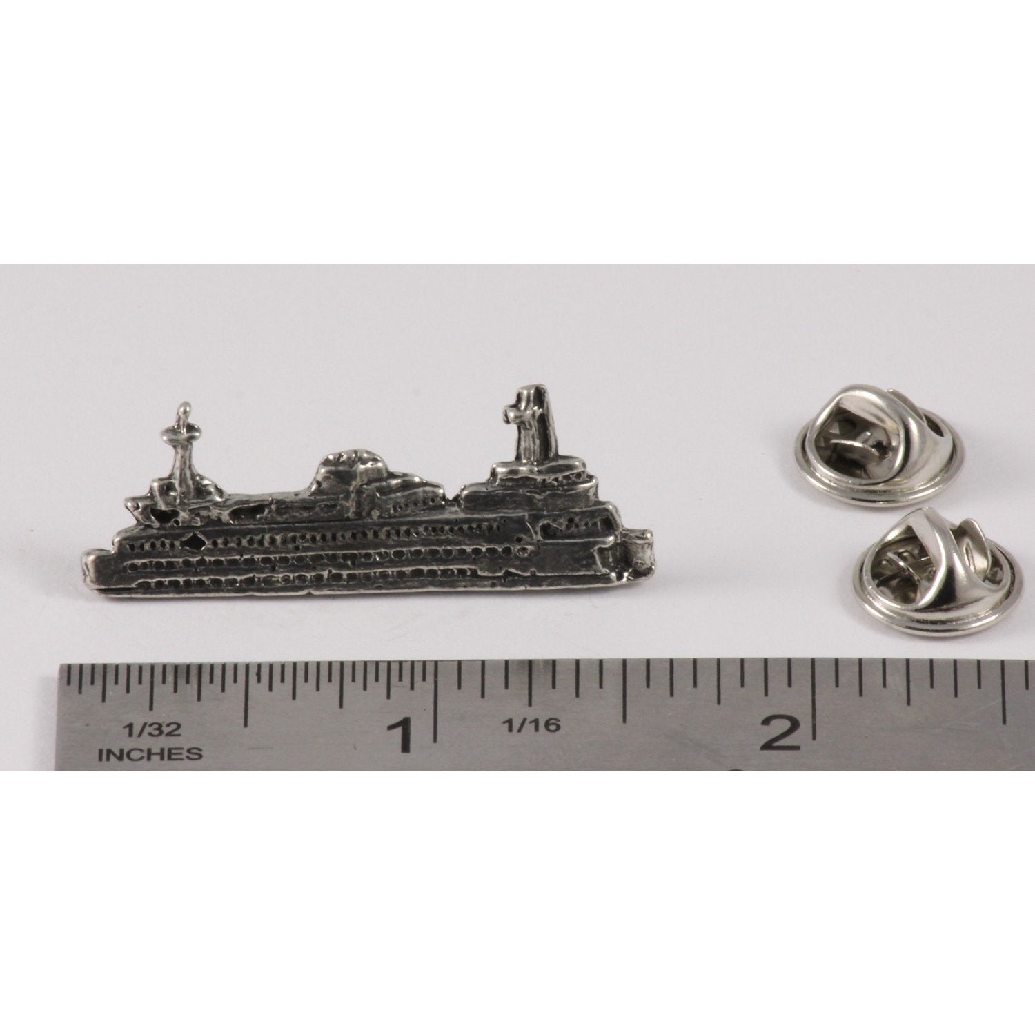 A handcrafted Washington State Ferry Boat Pin next to a ruler, available for sale at Creativeartisan.com - the image offers a sense of scale