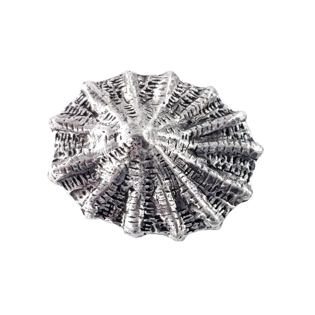 Detailed Antique Pewter Limpet Pin that can be worn on a hat, jacket, backpack, etc.