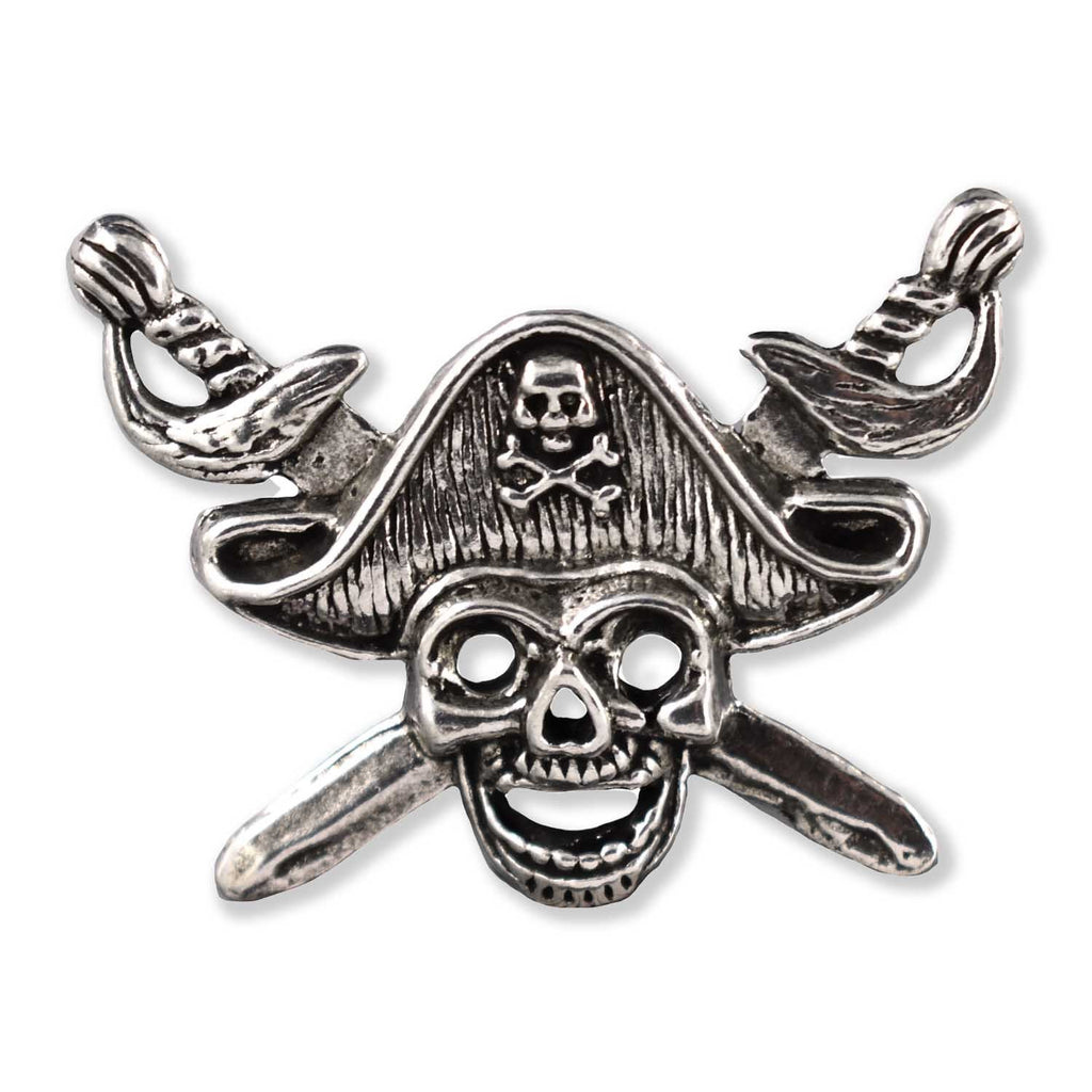 Detailed Antique Pewter Pirate Head Pin that can be worn on a hat, jacket, backpack, etc.