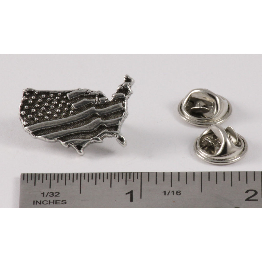 A handcrafted American Flag In Usa Outline Small Pin next to a ruler, available for sale at Creativeartisan.com - the image offers a sense of scale