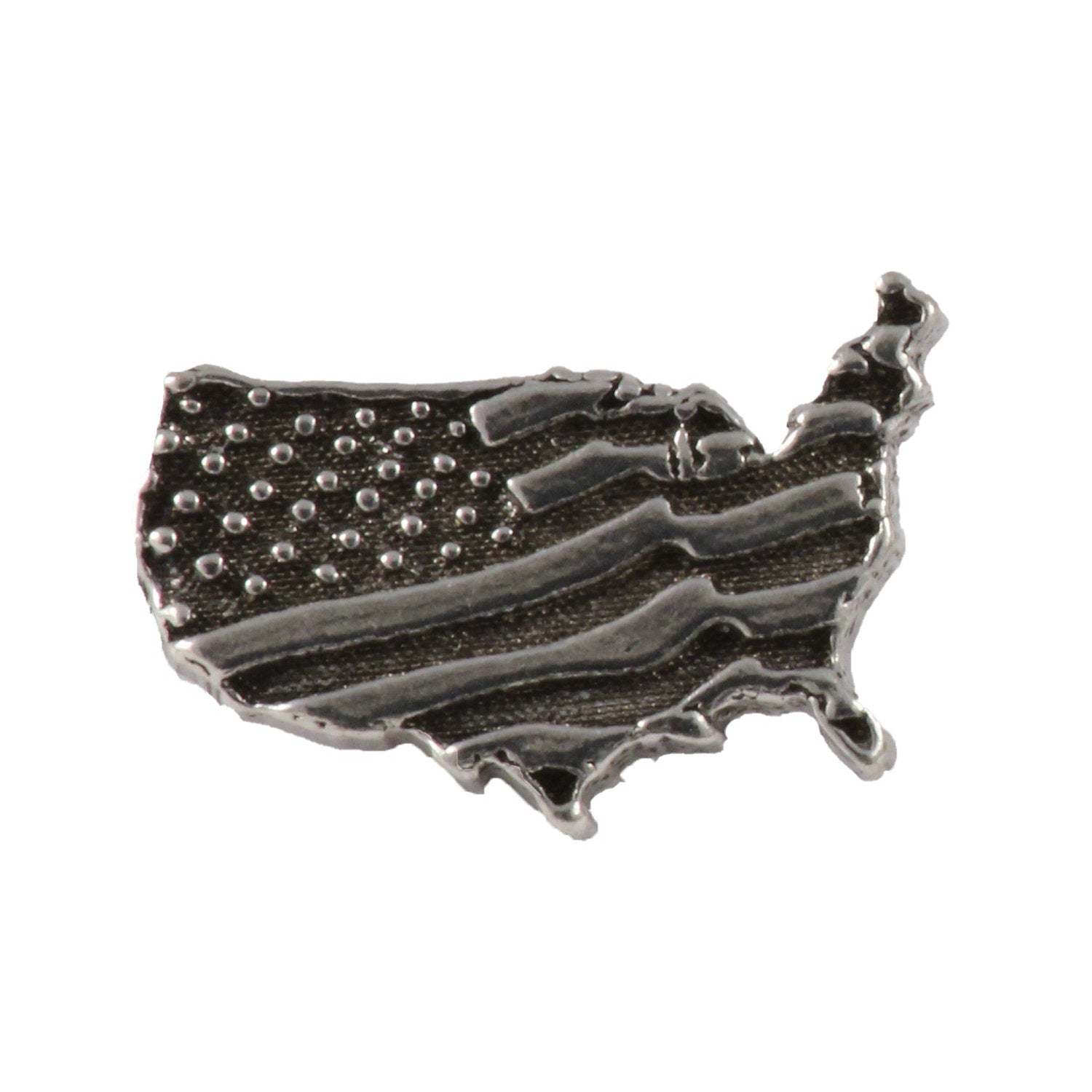 Detailed Antique Pewter American Flag In USA Outline Small Pin that can be worn on a hat, jacket, backpack, etc.
