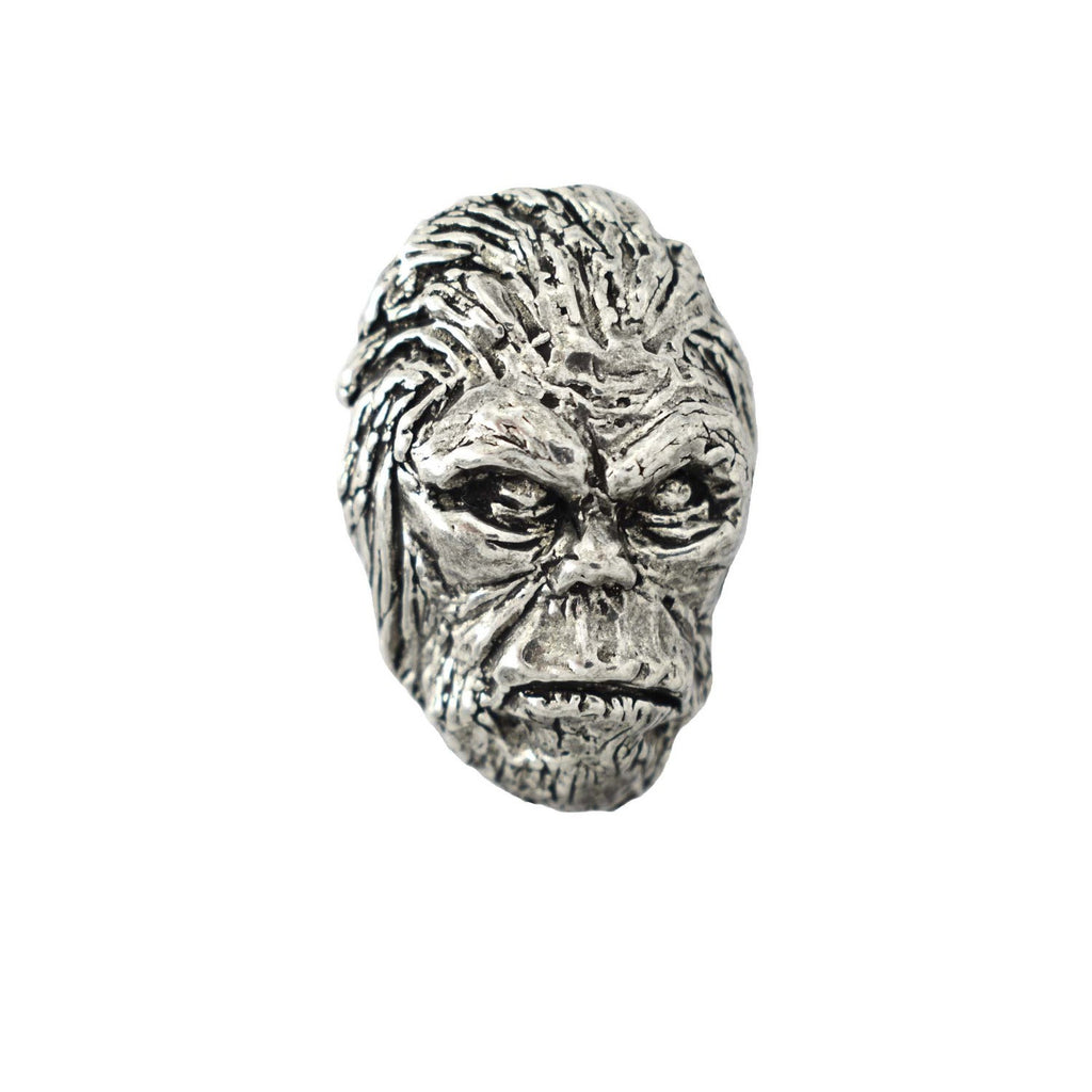 Detailed Antique Pewter Sasquatch (Bigfoot) Head Pin that can be worn on a hat, jacket, backpack, etc.