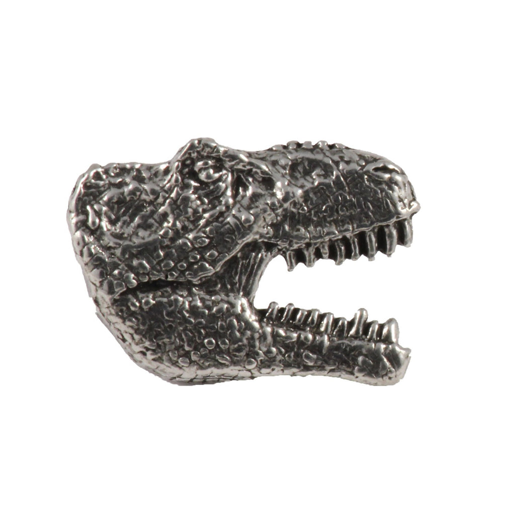 Detailed Antique Pewter Tyrannosaurus Rex Head Pin that can be worn on a hat, jacket, backpack, etc.