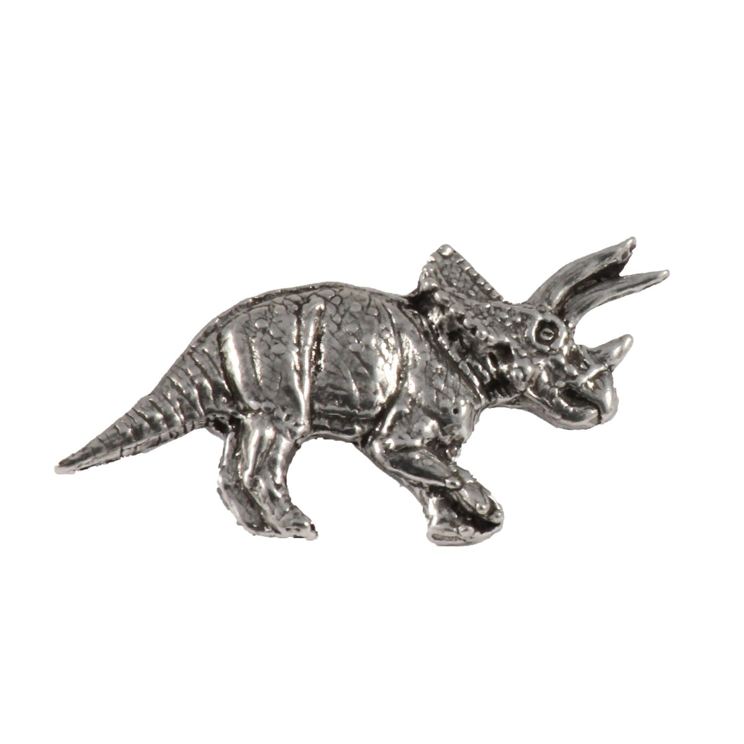 Detailed Antique Pewter Triceratops Pin that can be worn on a hat, jacket, backpack, etc.