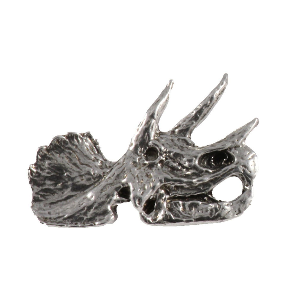 Detailed Antique Pewter Triceratops Fossilized Head Pin that can be worn on a hat, jacket, backpack, etc.