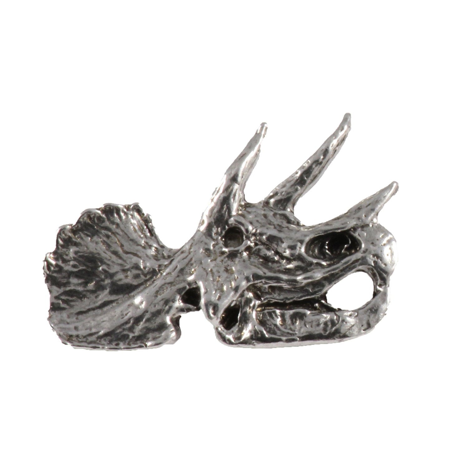 Detailed Antique Pewter Triceratops Fossilized Head Pin that can be worn on a hat, jacket, backpack, etc.