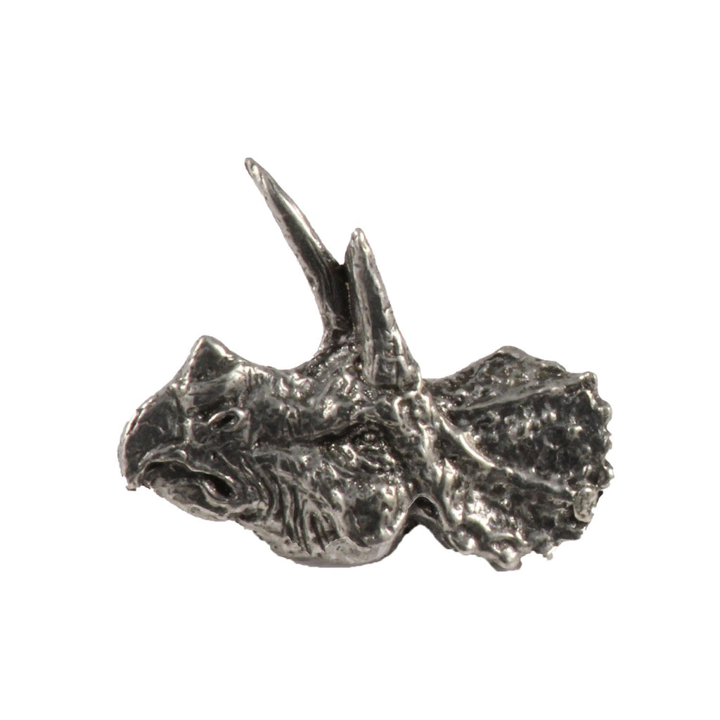 Detailed Antique Pewter Triceratops Head Pin that can be worn on a hat, jacket, backpack, etc.