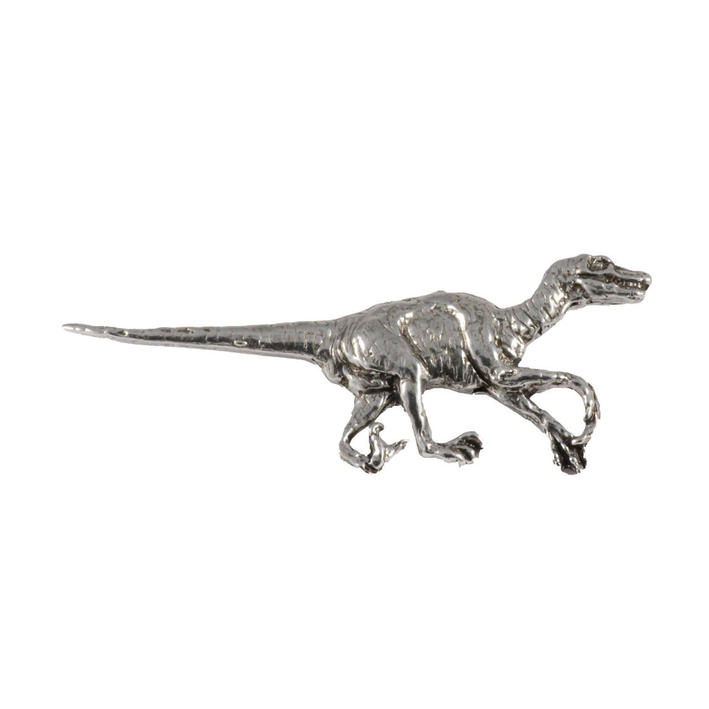 Detailed Antique Pewter Velociraptor Pin that can be worn on a hat, jacket, backpack, etc.