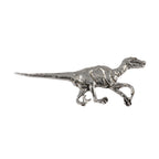 Detailed Antique Pewter Velociraptor Pin that can be worn on a hat, jacket, backpack, etc.