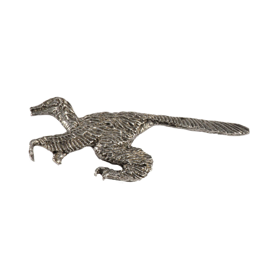 Detailed Antique Pewter Feathered Velociraptor Pin that can be worn on a hat, jacket, backpack, etc.