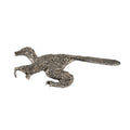 Detailed Antique Pewter Feathered Velociraptor Pin that can be worn on a hat, jacket, backpack, etc.
