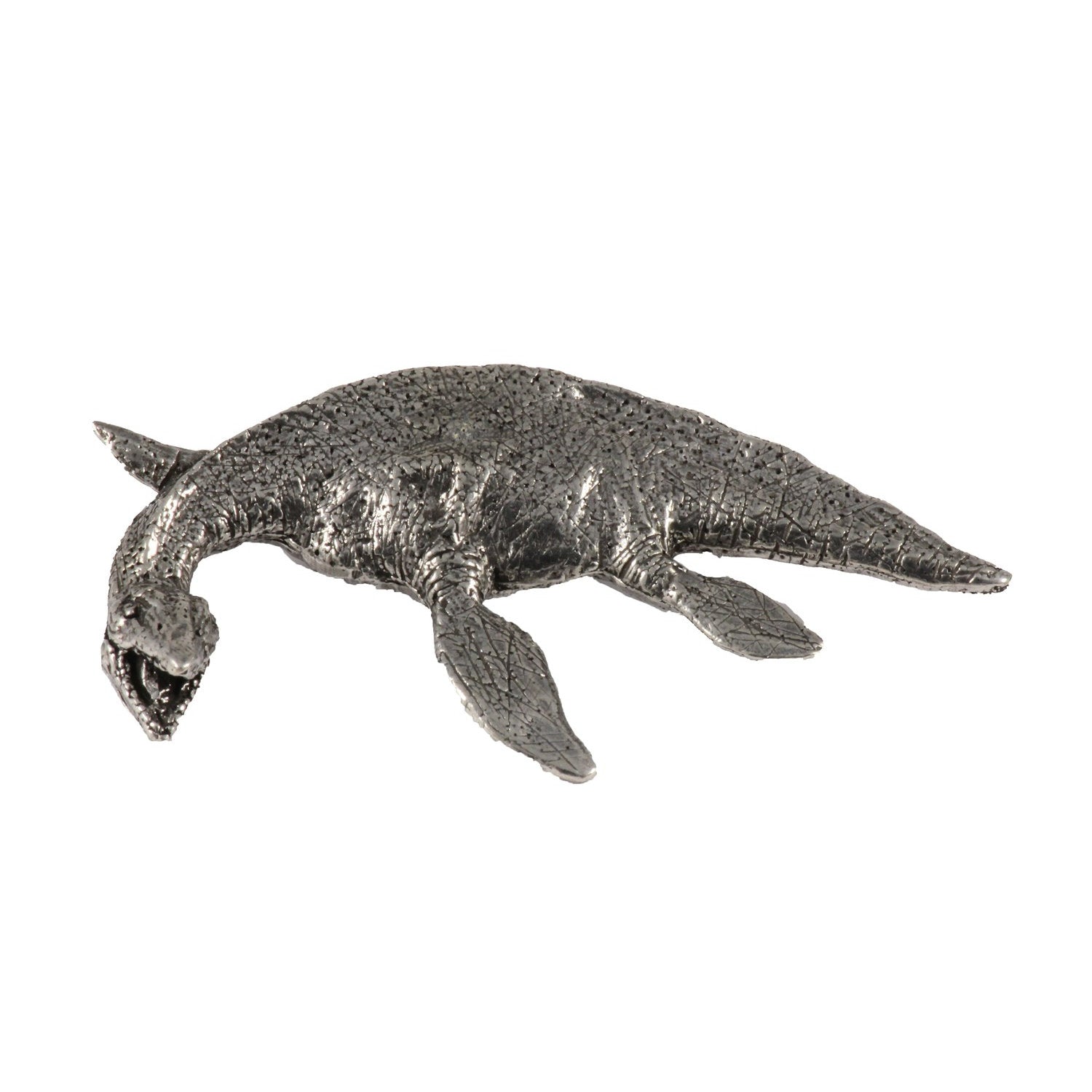 Detailed Antique Pewter Elasmosaurus Prehistoric Marine Reptile Pin that can be worn on a hat, jacket, backpack, etc.