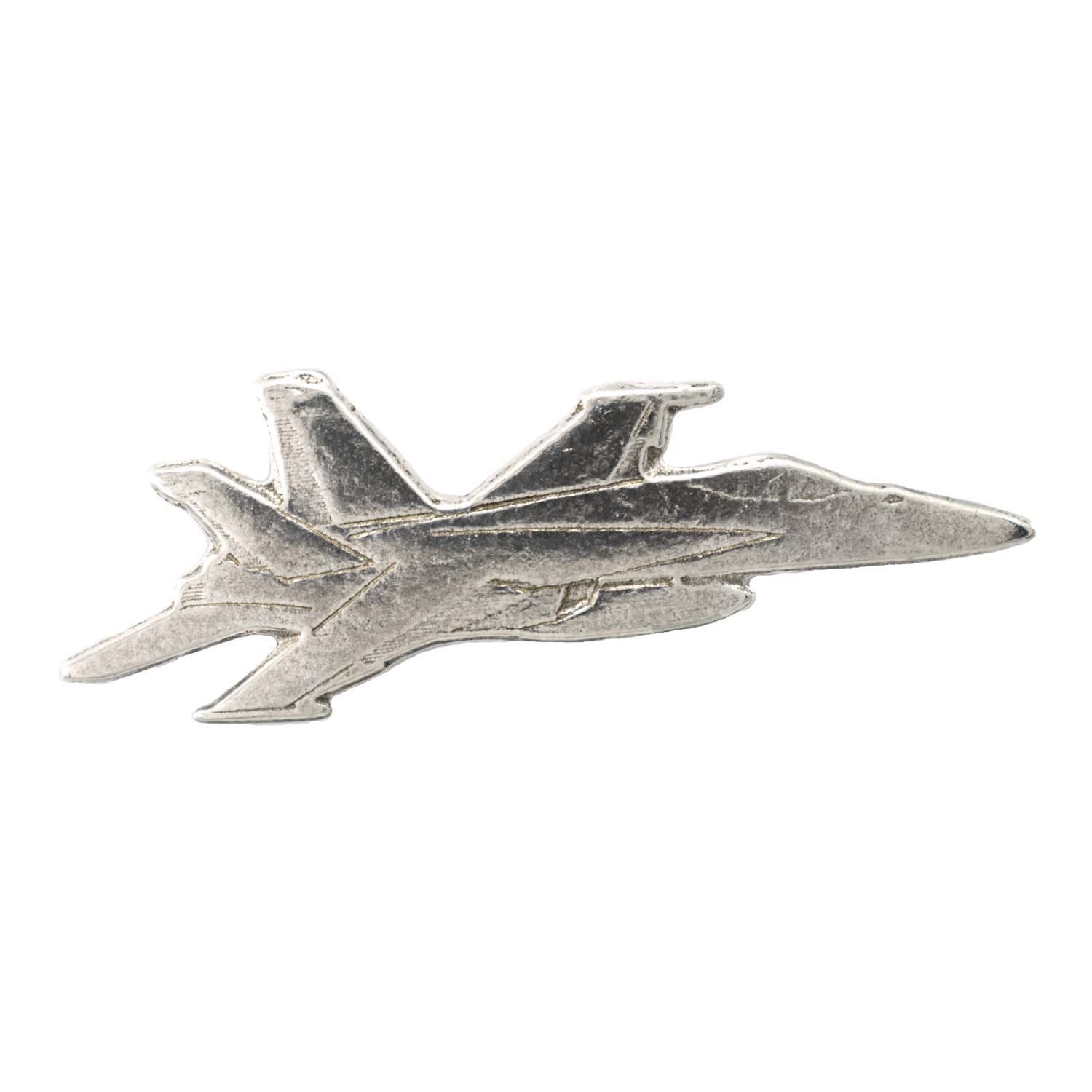 Detailed Antique Pewter Fighter Jet Pin that can be worn on a hat, jacket, backpack, etc.
