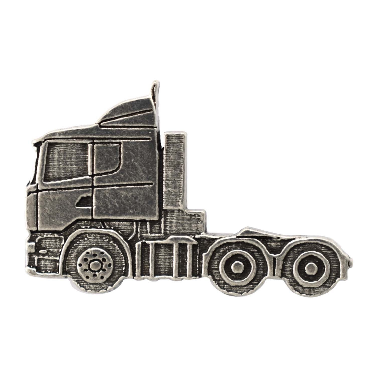 Detailed Antique Pewter Semi Truck Short Nose Pin that can be worn on a hat, jacket, backpack, etc.