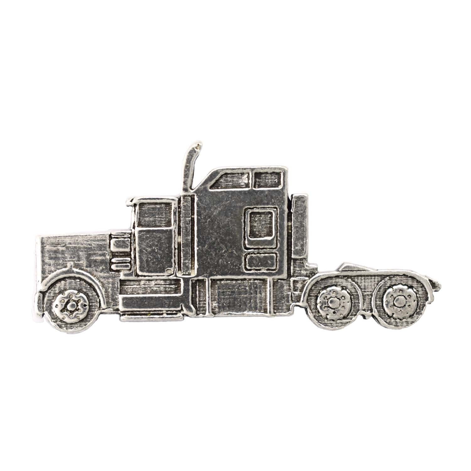 Detailed Antique Pewter Semi Truck Pin that can be worn on a hat, jacket, backpack, etc.