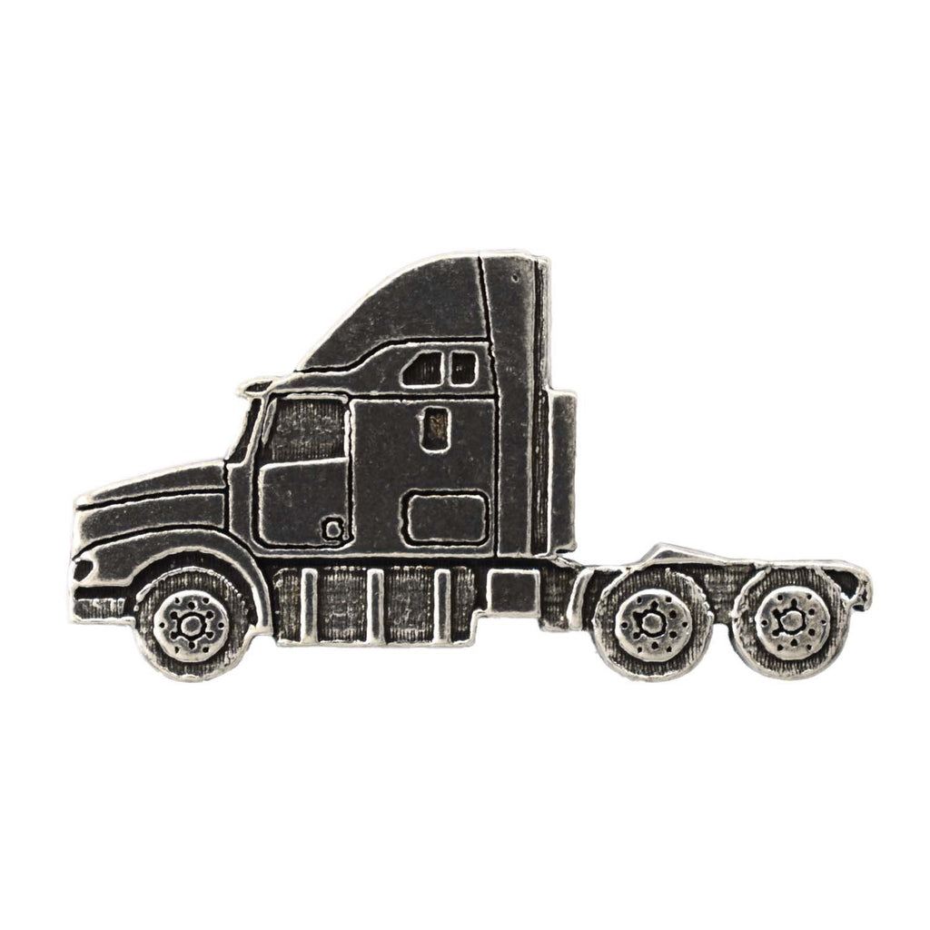 Detailed Antique Pewter Semi Truck Long Nose Pin that can be worn on a hat, jacket, backpack, etc.