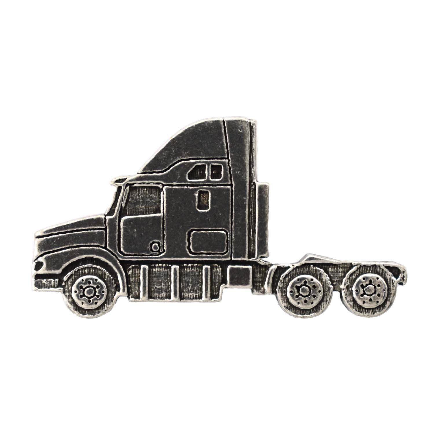 Detailed Antique Pewter Semi Truck Long Nose Pin that can be worn on a hat, jacket, backpack, etc.