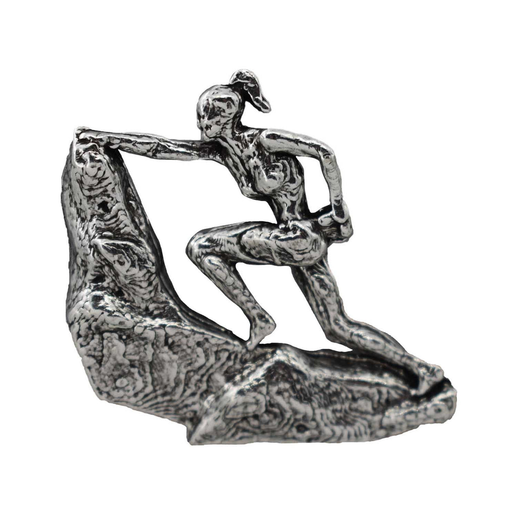Detailed Antique Pewter Rock Climber Female Pin that can be worn on a hat, jacket, backpack, etc.